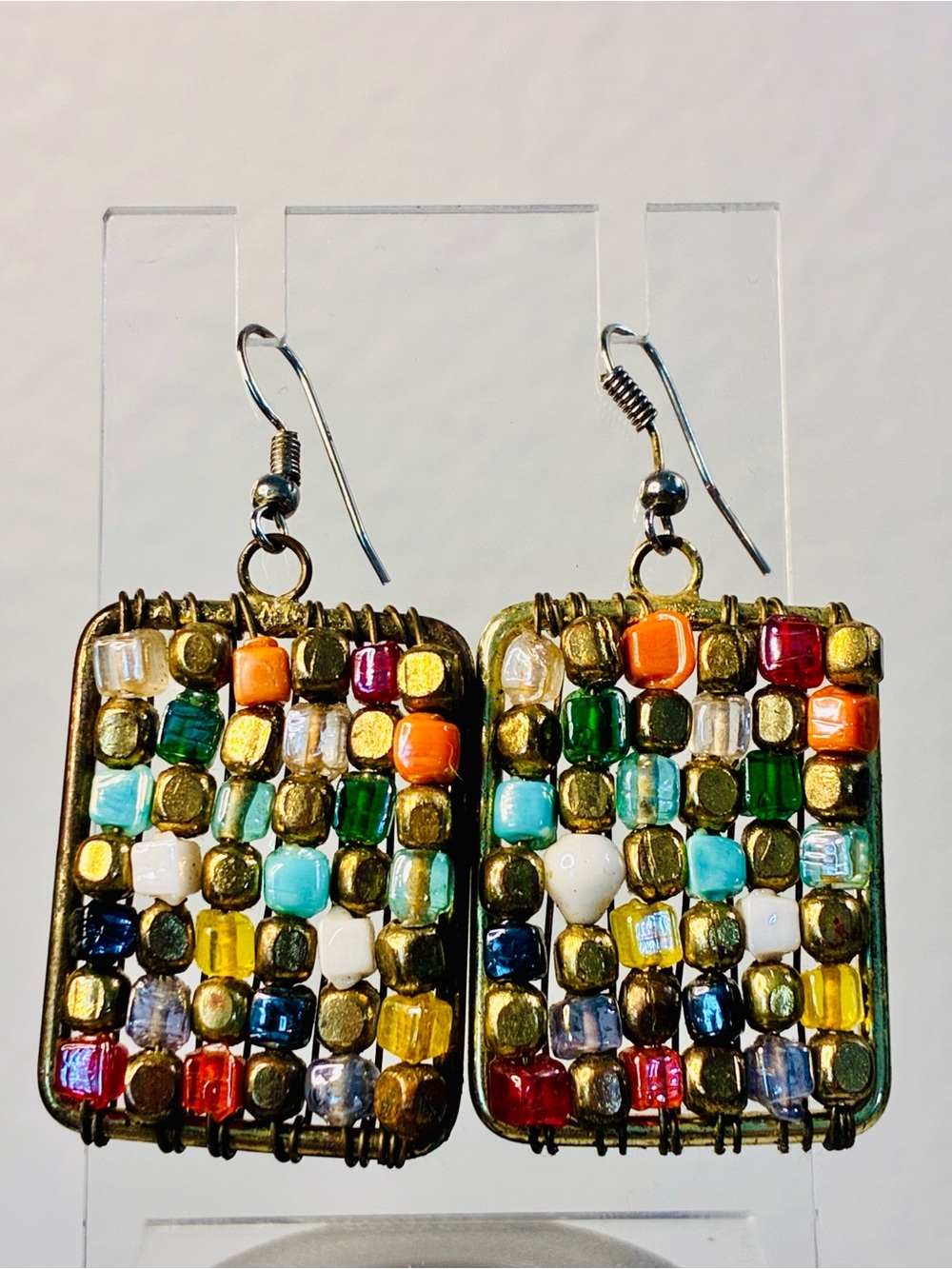 Colorful Patchwork Glass Beaded Mosaic Drop Earrings - Multicolor Bohemian Chic